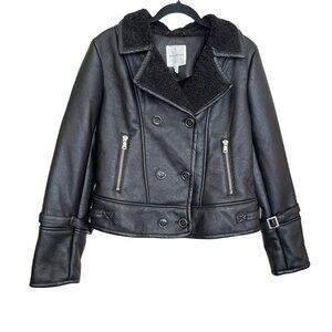 Avec Les Filles $198 Black Faux Leather Moto Shearling Jacket Size Large NWT